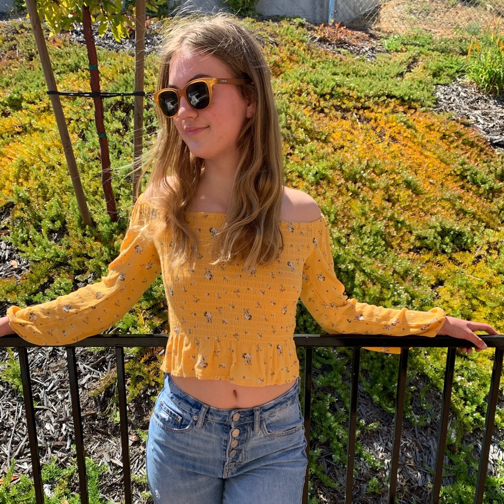 hollister yellow smocked off-the-shoulder top